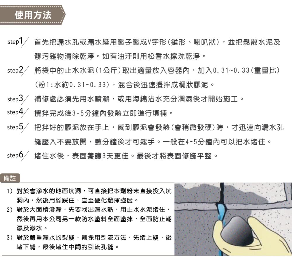 step2 將袋中的止水水泥1公斤取出適量放入容器內,加入0.310.33重量比