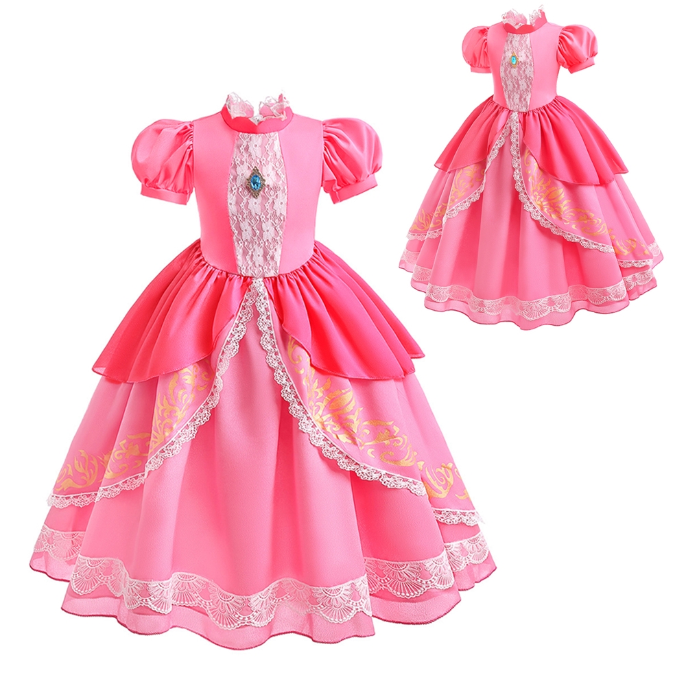 橘魔法 粉嫩燙金蕾絲碧姬公主短袖禮服洋裝(馬力歐 卡通 大童