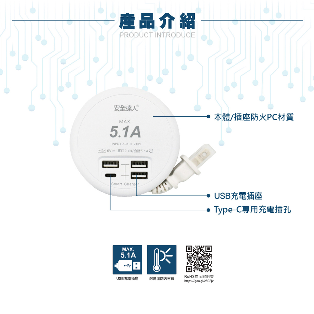 5m 單口2.4A合計5.1A
