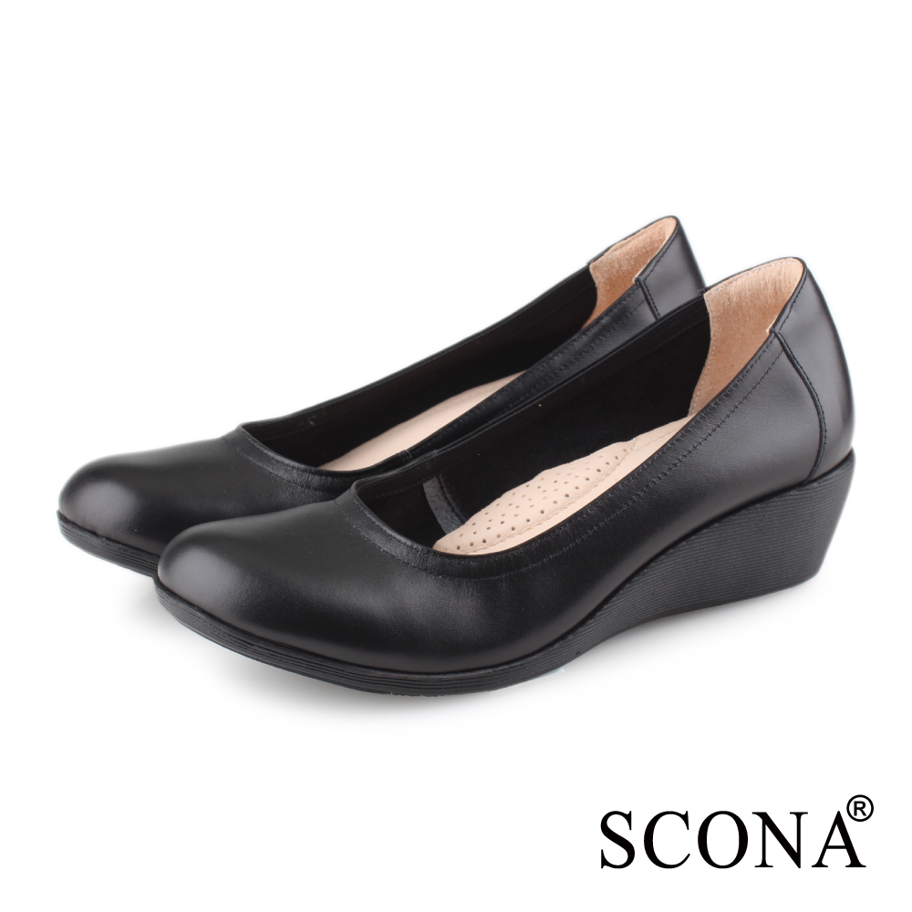 SCONA 蘇格南 全真皮 簡約舒適楔型鞋(黑色 31199