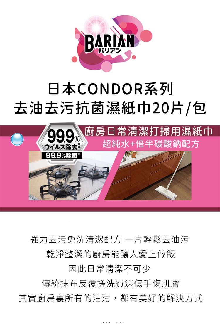 山崎 CONDOR系列去油去污抗菌濕紙巾20片/包(5包組)