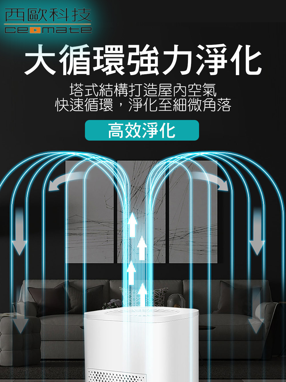 西歐科技 大循環強力淨化 塔式結構打造屋內空氣 快速循環,淨化至細微角落 高效淨化 