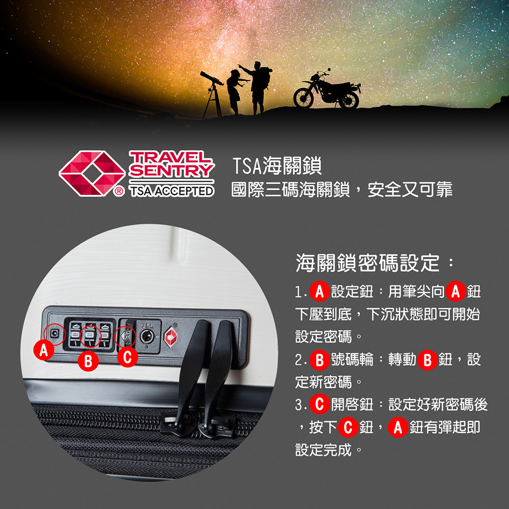 TRAVELSENTRY TSA TSAACCEPTED 國際三碼海關鎖安全又可靠ABC海關鎖密碼設定: 設定:用筆尖 A 下壓到底,下沉狀態即可開始設定密碼。2.B 號碼輪:轉動 B ,設定新密碼。3.C開啓:設定好新密碼後,,按下C鈕,A 鈕有彈起即設定完成。