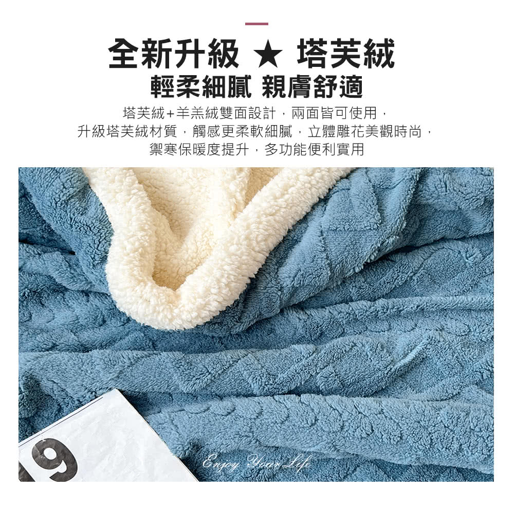 全新升級  塔芙絨 輕柔細膩 親膚舒適 塔芙絨羊羔絨雙面設計,兩面皆可使用, 升級塔芙絨材質,觸感更柔軟細膩,立體雕花美觀時尚, 禦寒保暖度提升,多功能便利實用 