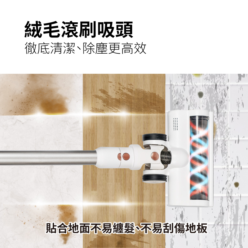絨毛滾刷吸頭 徹底清潔、除塵更高效 貼合地面不易纏髮、不易刮傷地板 