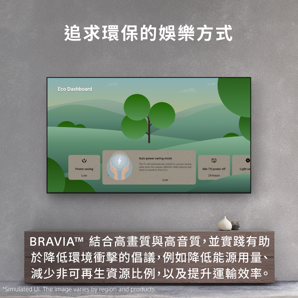 追求環保的娛樂方式 BRAVIA 結合高畫質與高音質,並實踐有助 於降低環境衝擊的倡議,例如降低能源用量、 減少非可再生資源比例,以及提升運輸效率。 