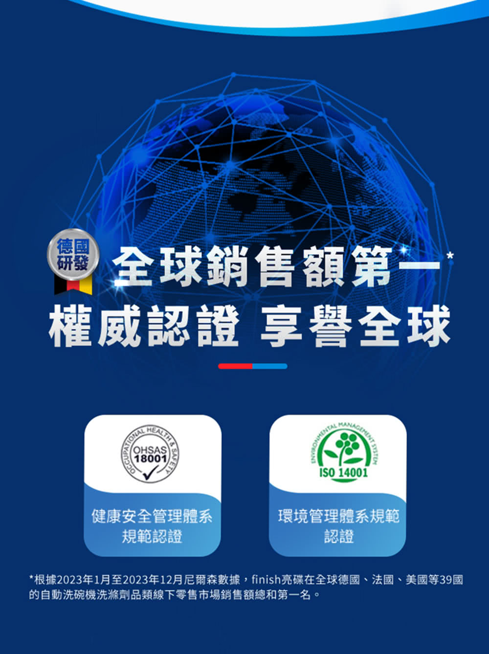 根據2023年1月至2023年12月尼爾森數據,finish亮碟在全球德國、法國、美國等39國
