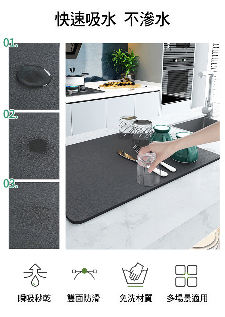瞬吸秒乾 快速吸水 不滲水 雙面防滑 免洗材質 多場景適用 