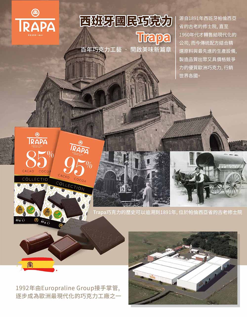 Trapa巧克力的歷史可以追溯到1891年,位於帕倫西亞省的古老修士院