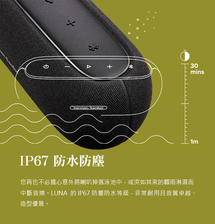IP67 防水防塵 您再也不必擔心意外將喇叭掉落泳池中,或突如其來的驟雨淋濕而 中斷音樂。LUNA 的 IP67 防塵防水等級,非常耐用且音質卓越、 造型優雅。 