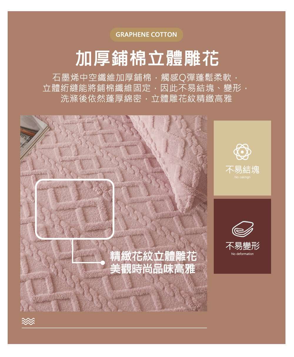 立體绗縫能將鋪棉纖維固定,因此不易結塊、變形,