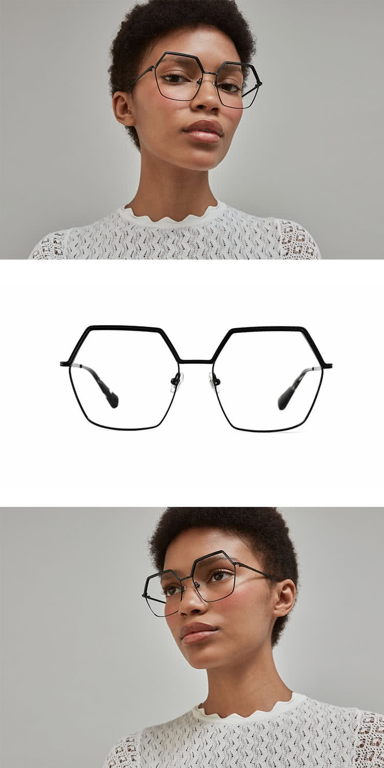 GIGI Studios 六角形氣質雕刻眉框光學眼鏡(黑 -