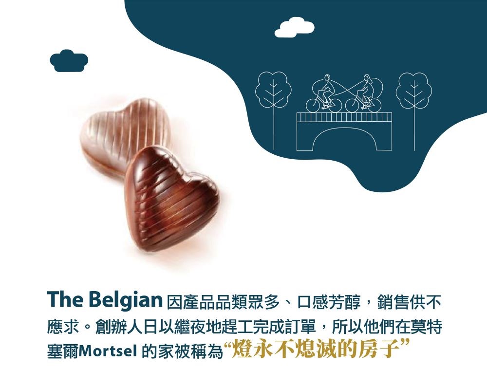 The Belgian 因產品品類眾多、口感芳醇,銷售供不 應求。創辦人日以繼夜地趕工完成訂單,所以他們在莫特 塞爾Mortsel 的家被稱為燈永不熄滅的房子 