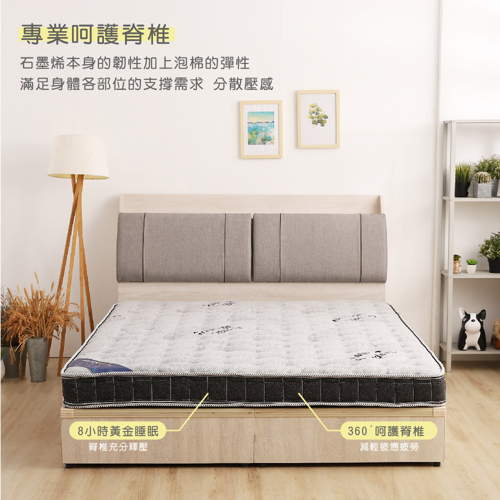 專業呵護脊椎石墨烯本身的韌性加上泡棉的彈性滿足身體各部位的支撐需求 分散壓感8小時黃金睡眠360呵護脊椎脊椎充分釋壓減輕疲憊疲勞