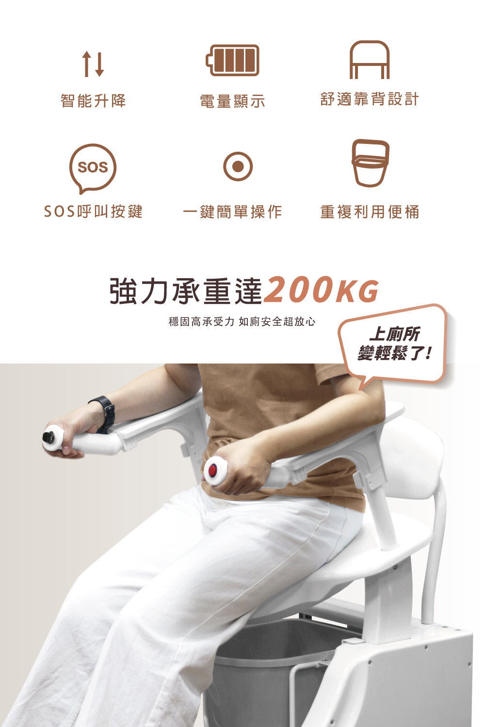 A智能升降電量顯示舒適靠背設計SOS呼叫按鍵一鍵簡單操作重複利用便桶強力承重達200KG穩固高承受力如廁安全超放心上廁所變輕鬆了!