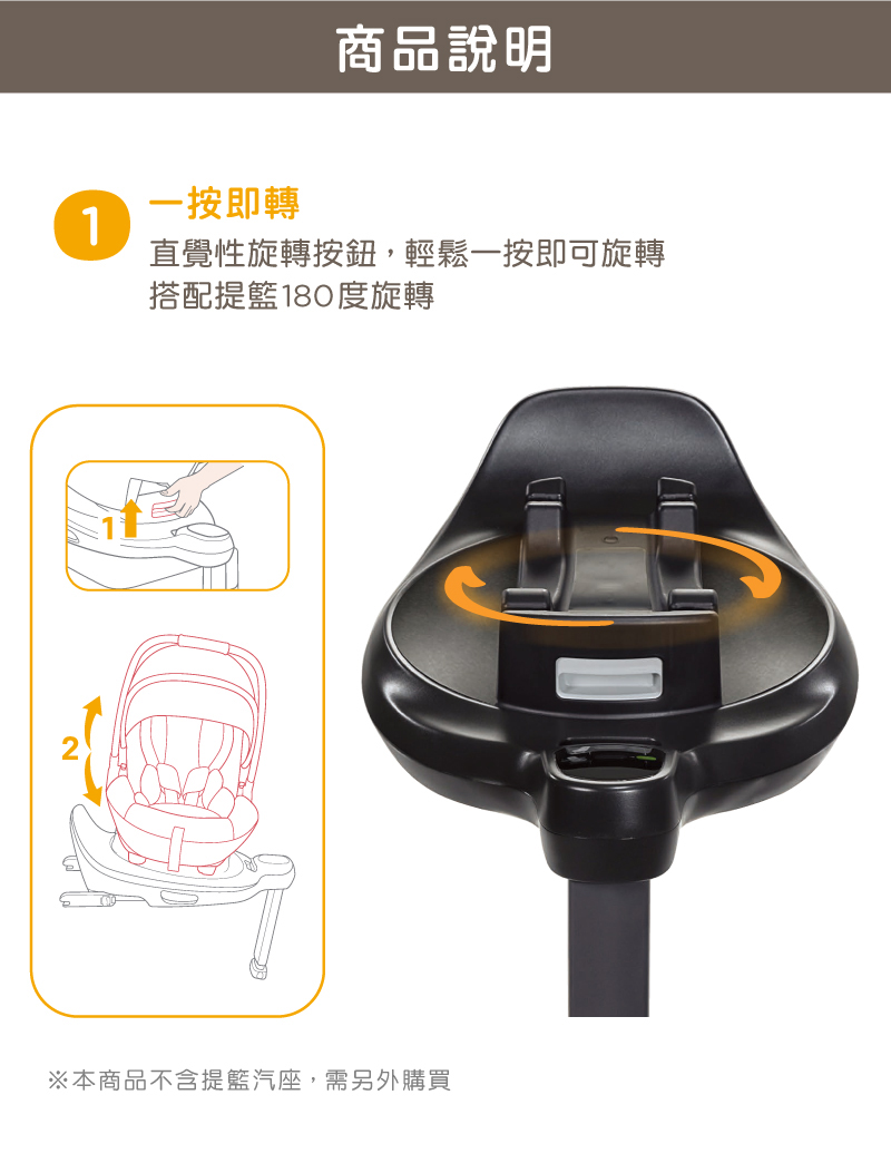 商品說明 一按即轉 直覺性旋轉按鈕,輕鬆一按即可旋轉 搭配提籃180度旋轉 本商品不含提籃汽座,需另外購買 