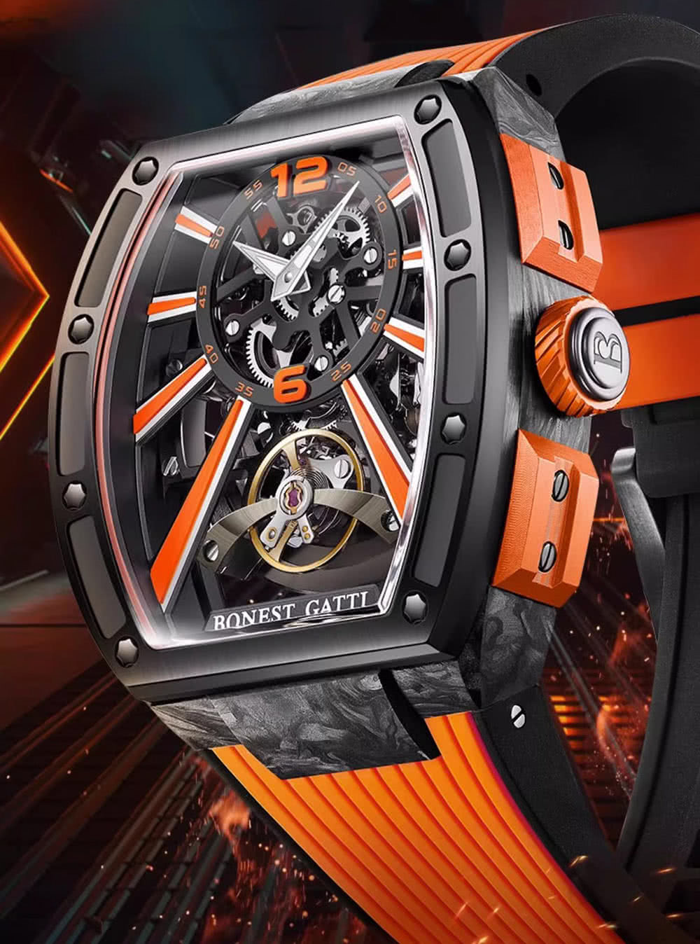 BONEST GATTI 寶加地-芯橋魅影碳纖機械錶(橙光橘