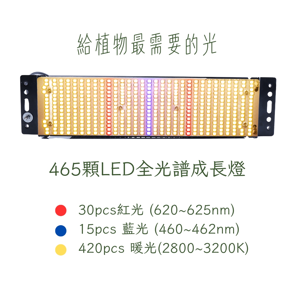 給植物最需要的光 465顆LED全光譜成長燈 30pcs紅光620625nm 15pcs 藍光 460462nm 420pcs 暖光28003200K