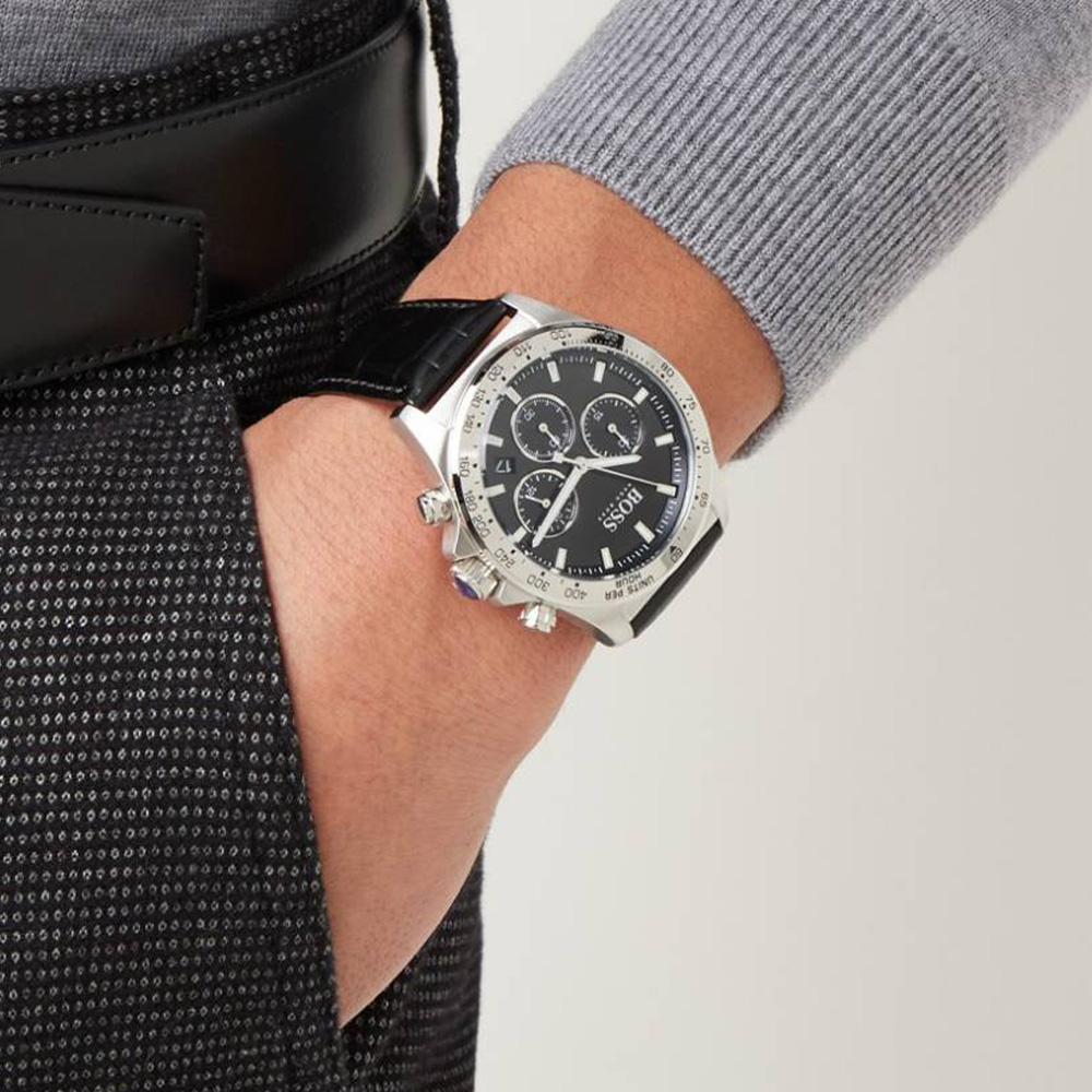 HUGO BOSS 德式競速計時腕錶 小勞系列 銀X黑色皮帶