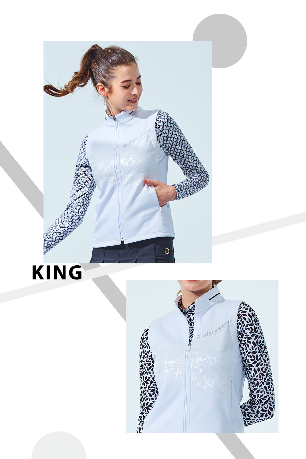 KING GOLF 門市新品-女款蜘蛛網線條拼接立領拉鍊背心