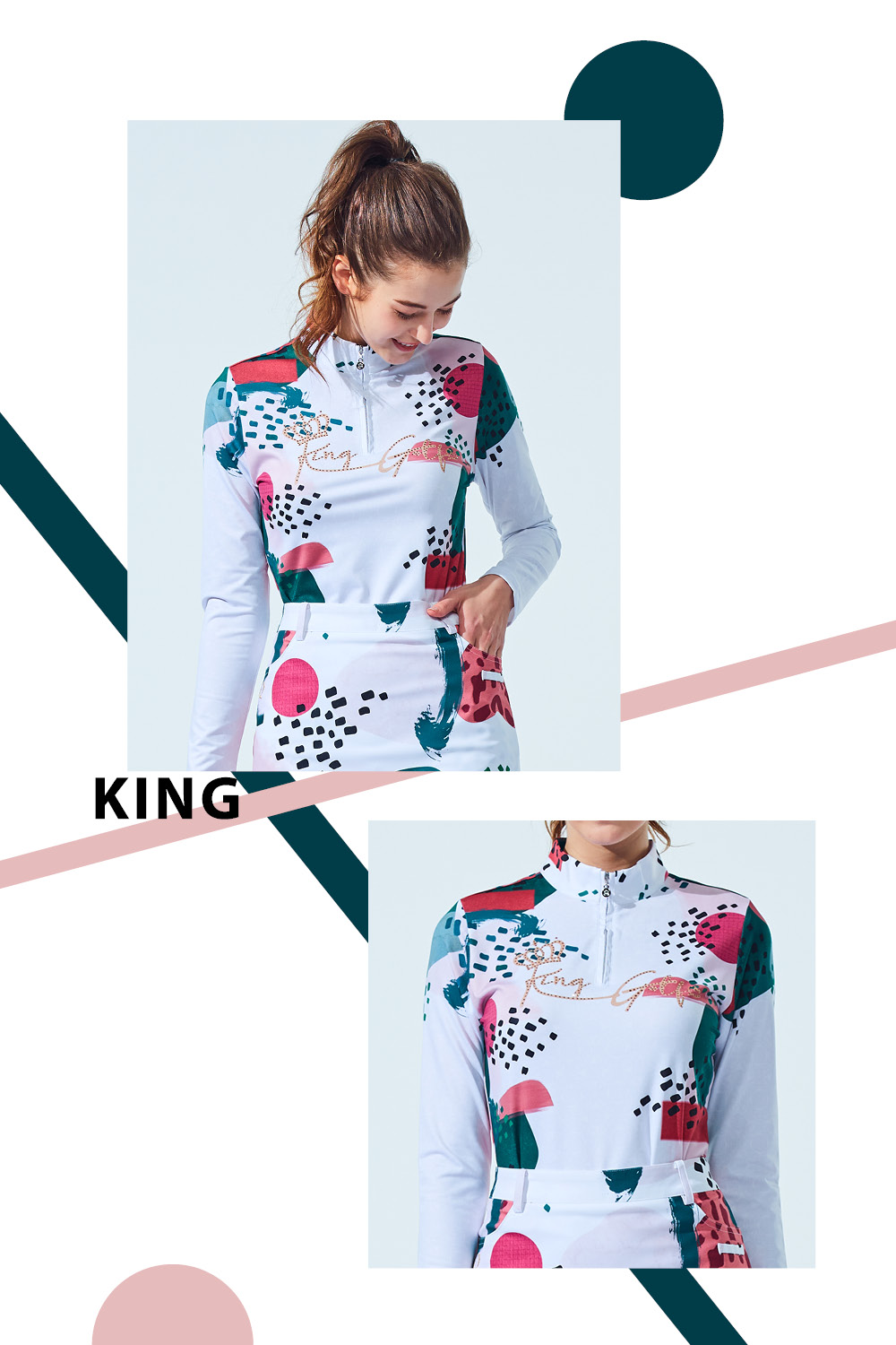 KING GOLF 門市新品-女款筆刷插畫印花立領拉鍊長袖上