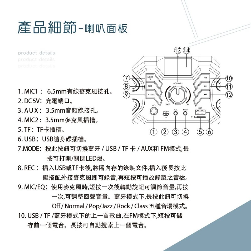10. USB TF 藍牙模式下的上一首歌曲,在FM模式下,短按可儲