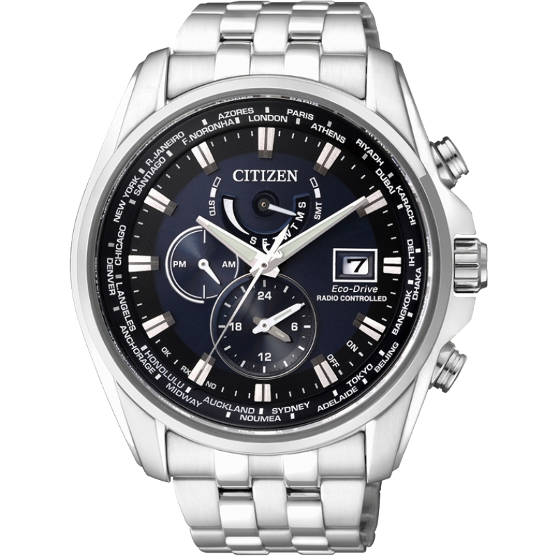 CITIZEN 星辰 光動能電波三眼計時手錶-藍/44mm(