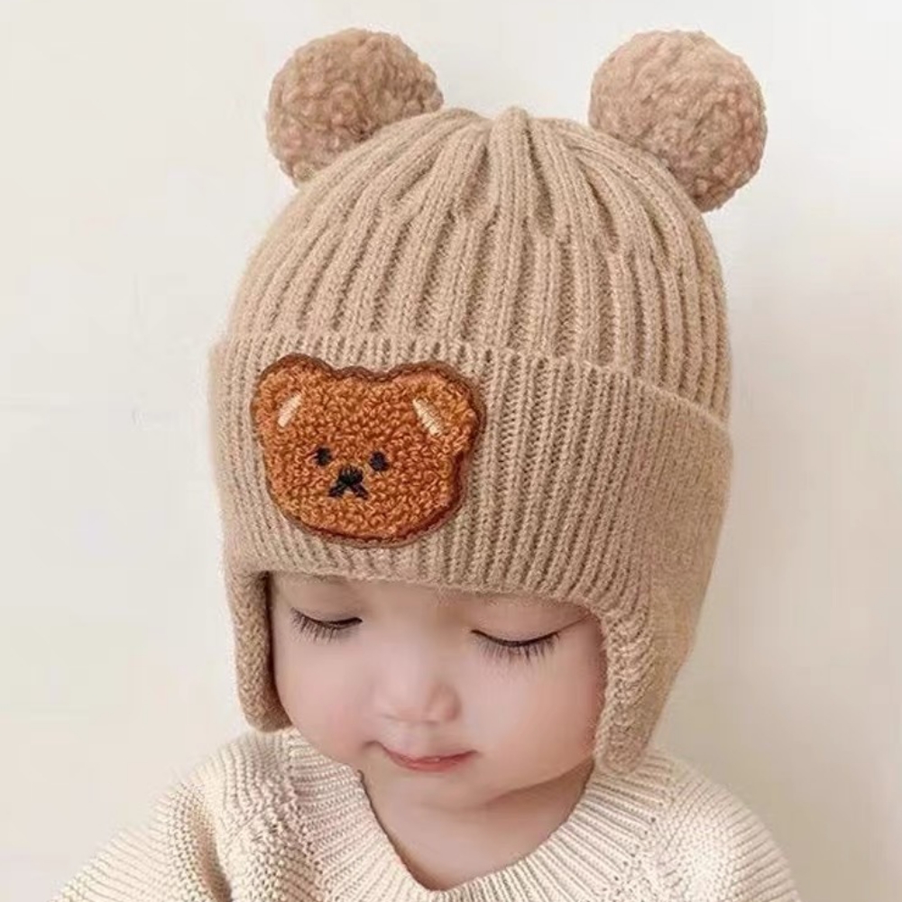 WOONUE 寶寶兒童嬰幼兒小熊針織帽護耳針織帽圍巾(親膚.