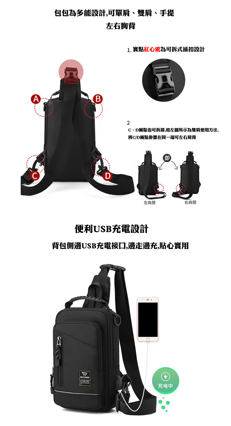 C、D兩點也可拆卸,如左圖所示為雙肩使用方法,
