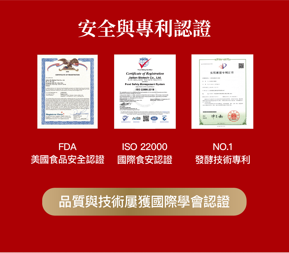 安全與專利認證 实用新型专利证书 美國食品安全認證 國際食安認證 發酵技術專利 品質與技術屢獲國際學會認證 