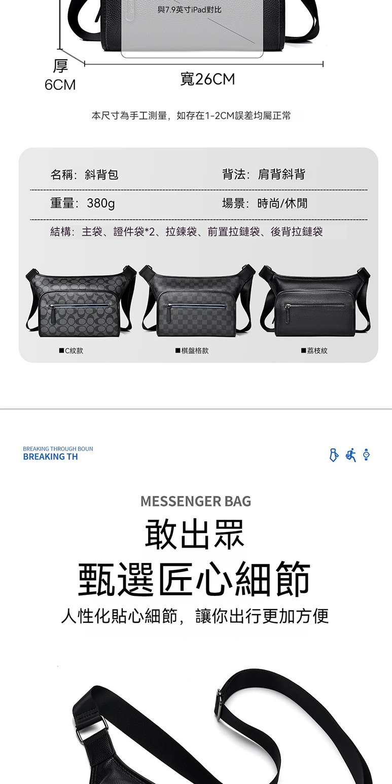 結構主袋、證件袋2、拉鍊袋、前置拉鏈袋、後背拉鏈袋