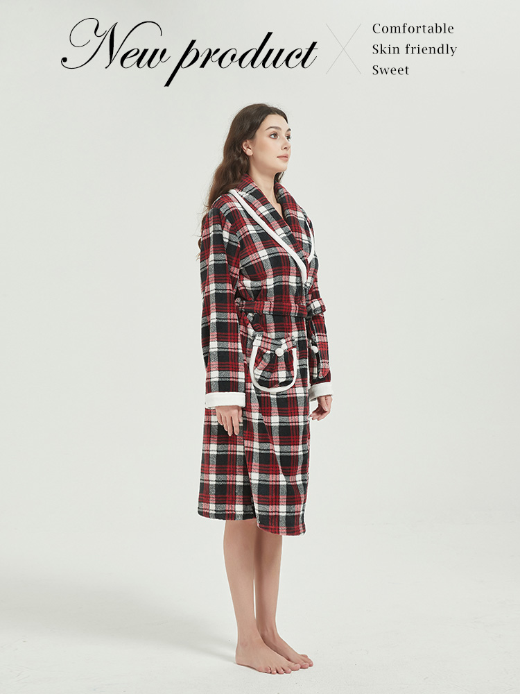 蕾妮塔塔 蘇格蘭格紋 極暖超柔軟水貂絨女性長袖睡袍(R292