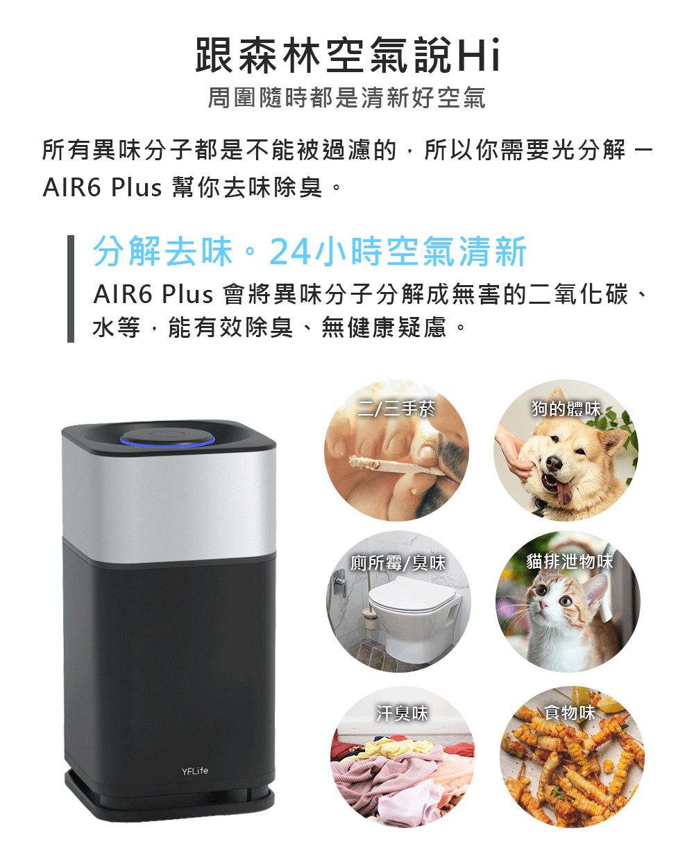 AIR6 Plus 會將異味分子分解成無害的二氧化碳、