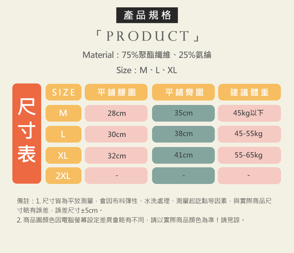 備註 1. 尺寸皆為平放測量,會因布料彈性、水洗處理、測量起訖點等因素,與實際商品尺