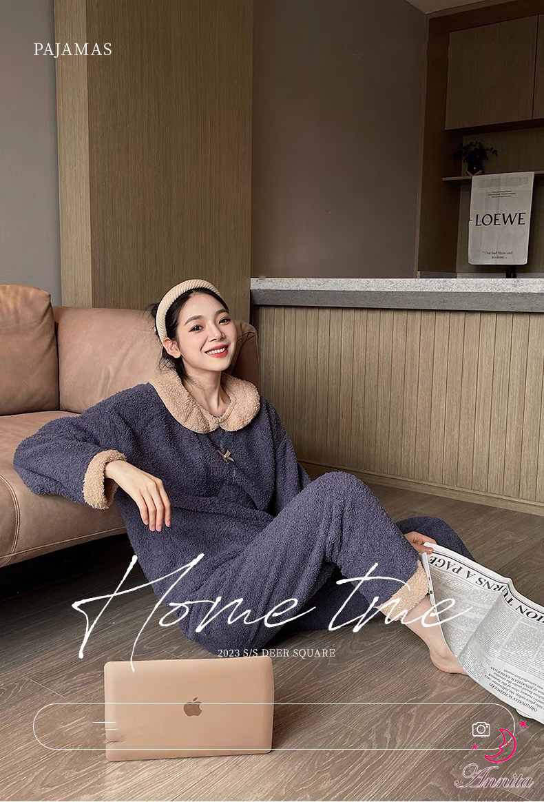 Annita 日系風格 珊瑚絨法蘭絨兩件式居家服女睡衣(長袖