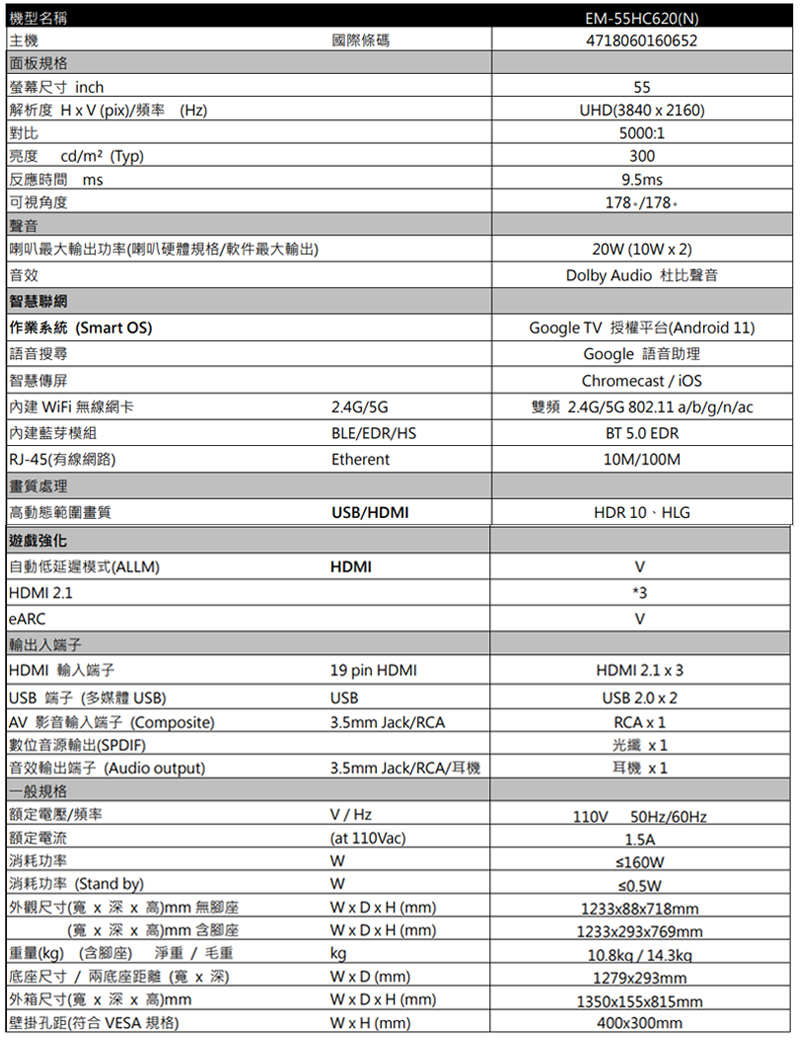 SAMPO 聲寶 55型4K HDR Google智慧聯網顯