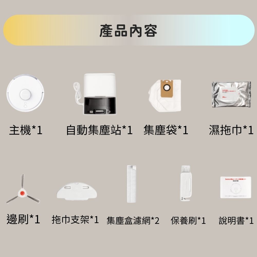 產品內容 主機1 自動集塵站1 集塵袋1 濕拖巾1 邊刷1 拖巾支架1 集塵盒濾網2 保養刷1 說明書1
