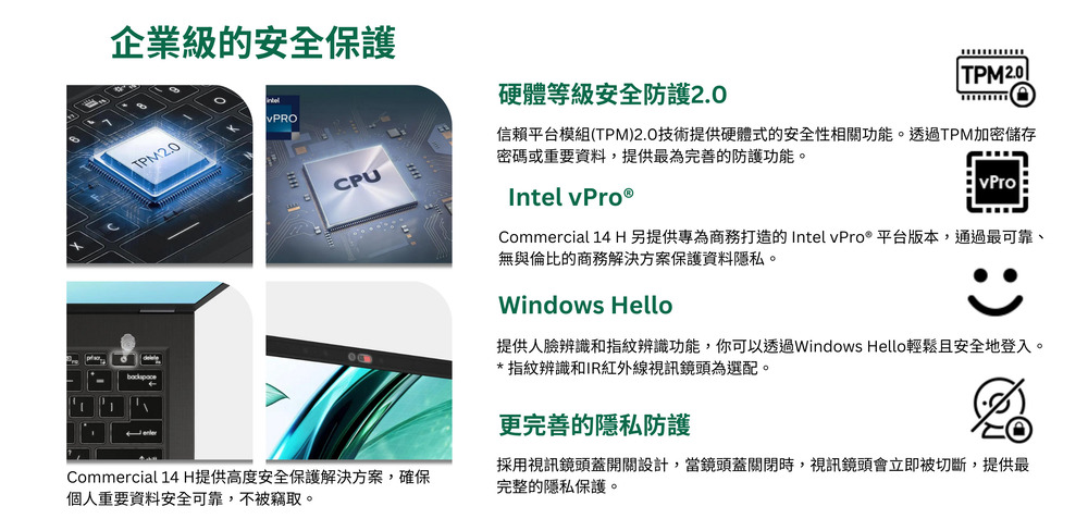 Commercial 14 H 另提供專為商務打造的 Intel vPro平台版本,通過最可靠、