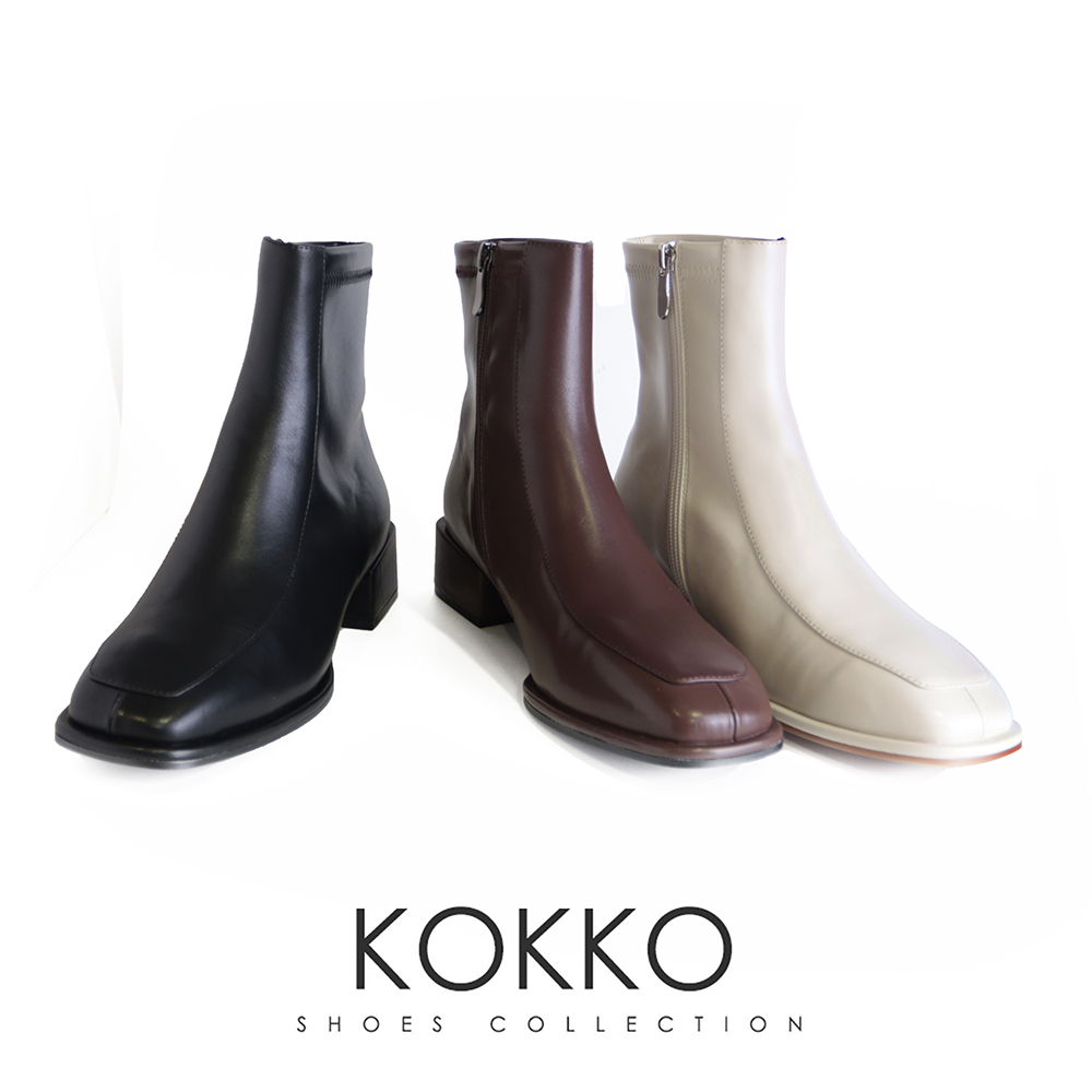 KOKKO 集團 超顯瘦時髦方頭貼腿粗跟短靴(白色)優惠推薦