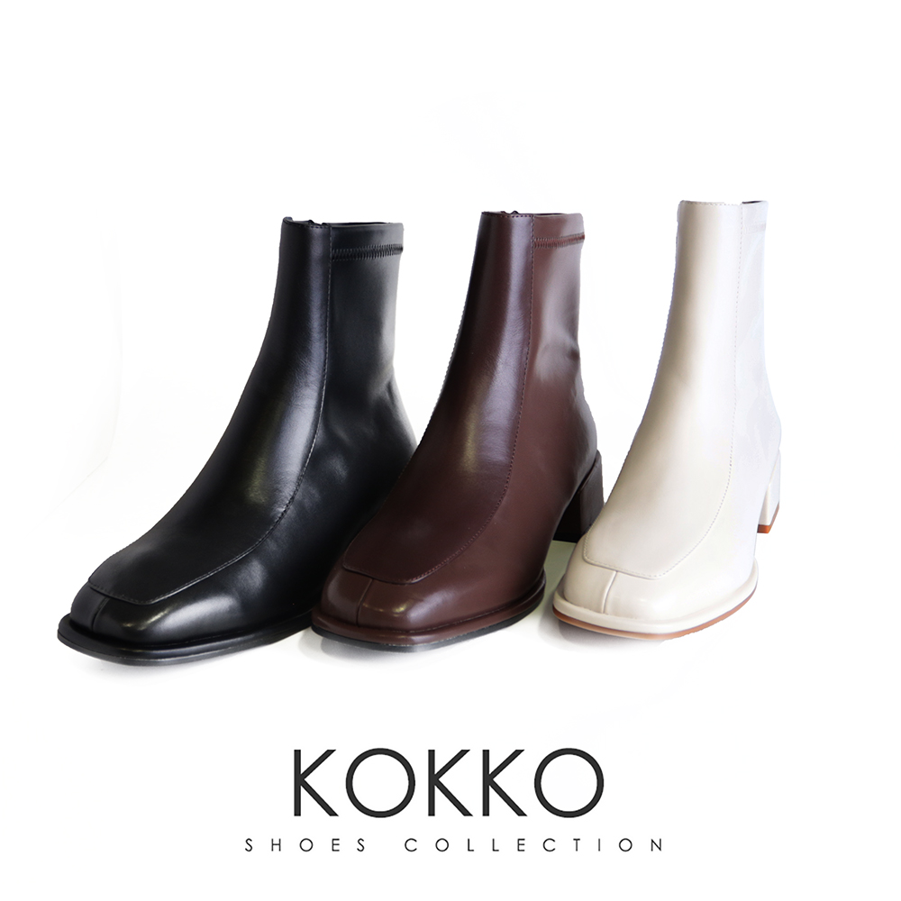 KOKKO 集團 超顯瘦時髦方頭貼腿粗跟短靴(白色)優惠推薦
