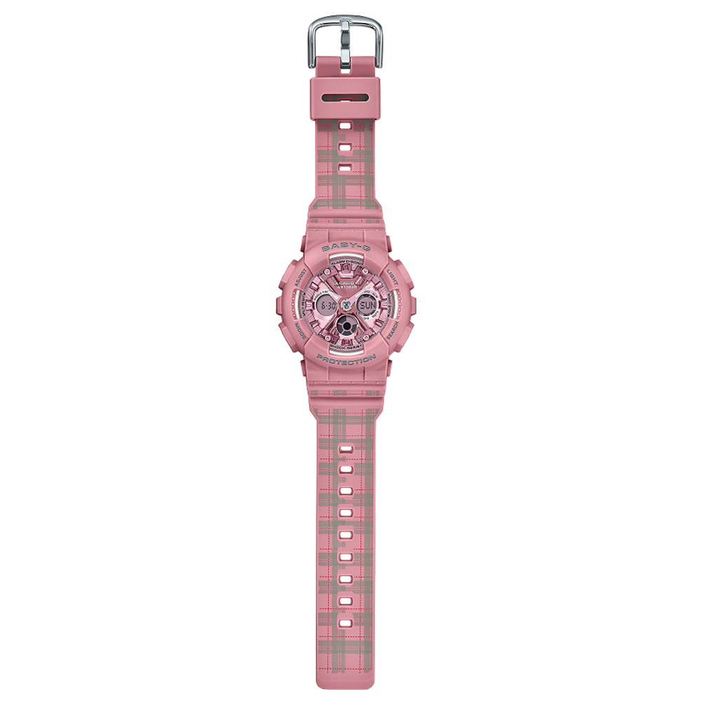 CASIO 卡西歐 BABY-G 粉紅煙燻棕格紋雙顯腕錶(B