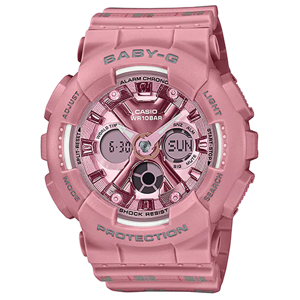 CASIO 卡西歐 BABY-G 粉紅煙燻棕格紋雙顯腕錶(B