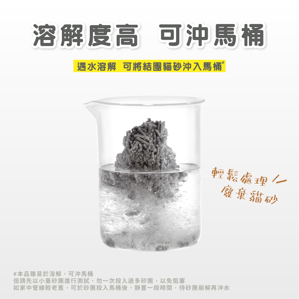 如家中管線較老舊,可於砂團投入馬桶後,靜置一段時間,待砂團崩解再沖水