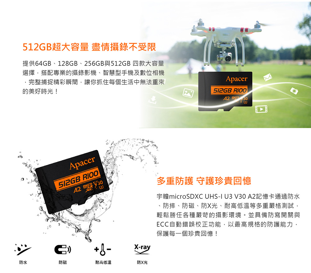 宇瞻microSDXC UHSI U3 V30 A2記憶卡通過防水