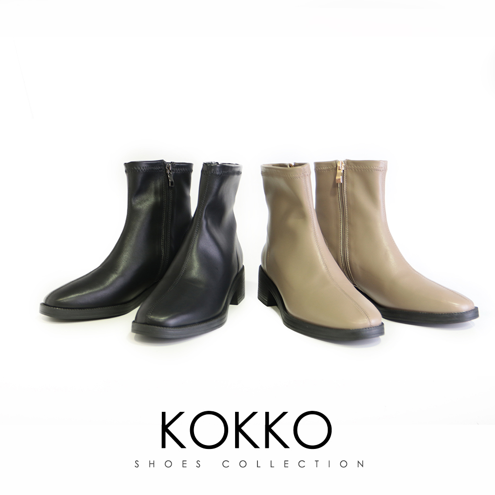 KOKKO 集團 超舒適百搭素面方頭彈力短靴(駝灰色)品牌優