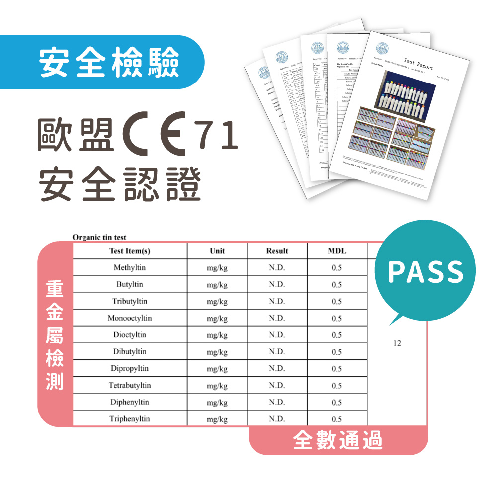 安全檢驗 歐盟CE71 安全認證 重金屬檢測 全數通過 