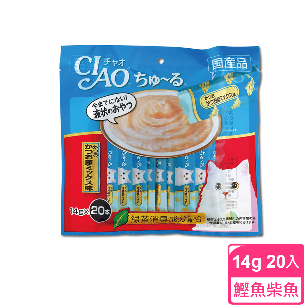 CIAO 啾嚕貓咪營養肉泥14g-20入鰹魚柴魚-藍袋(幫助