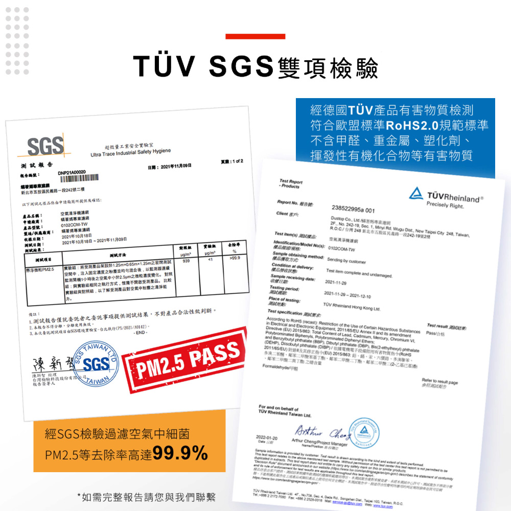 SGS項檢驗經德國害物質檢符合歐盟標準0規範標準含甲醛重金屬塑化劑揮發性化合物有害物質SGS超微安全室Ultra race Indutrial Safety Hygiene報告202年月09日 1  2報告編DNP21A00020北市22Tet Report下樣品係申請所提供及確認名稱申請產品型號製造帳TW2021年10月18日2021年10月18日 2021年11月09日懸浮微粒PM25Report  號  Precisely Right測試方法受測產品架設於25mm125m測試空固定濃度以 1小時後空氣小於之微粒濃度變化之方式不受產品 比较實驗以了解受测產品空氣之能實驗69399991 測試報告僅就委託者之委託事項提供測試結果不對產品合法性做判斷2 報告不得使用備註本測由SGS環境實驗室執行2021。 陳新SGS  報告簽署人股份有  PM25 PASS.238522995a 001    24219 . 1  .  Dist. New    新北市路一段242-19號2樓Test s : 空氣IdentificationModel s: 0102COM-TWSample obtaing method: Sending by Condition at delivery:Sample receiving date:收日期:Testing period:Place of testing:Test specificationTest  complete  undamaged.2021-11-20-2021-12-10 Rheinland Hong Kong According to RoHS : Restriction of the Use of Certain Hazardous Substancesin Electrical and Electronic Equipment 2011 Annex and  amendmentDirective EU :  Content of Lead Cadmium Mercury  Polybrominated  Polybrominated  Ethersand   BBP   ), 2-) DEHP).  phthalate (DBP)(電機電子有()2011/05/EU) (EU)路等。、、機、間二)/Test Refer to  page經SGS檢驗過濾空氣中細菌PM2.5等去除率高達99.9%For and on behalf ofTÜV Rheinland  Ltd. 2022-01-20 Cheng Project Manager*如需完整報告請您與我們聯繫TÜV and     4,  Rd.  ,   Taiwan T- 2  -    .