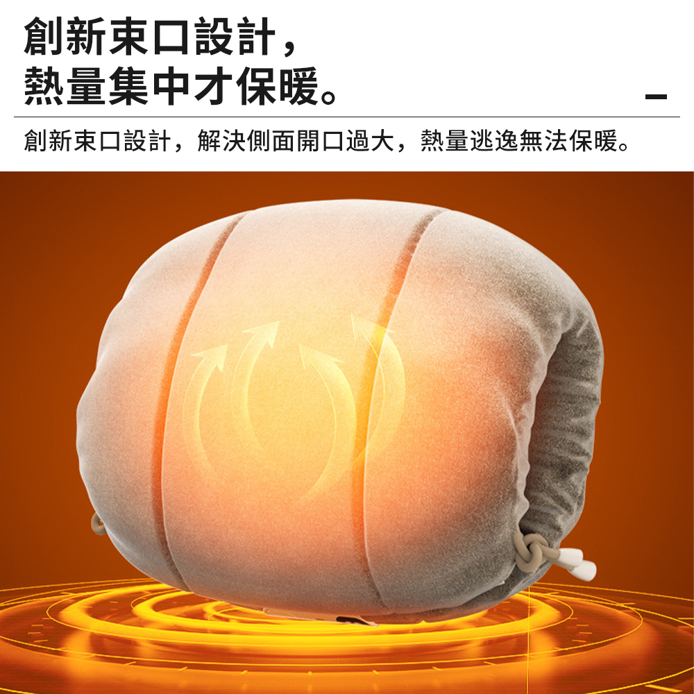創新束口設計, 熱量集中才保暖。 創新束口設計,解決側面開口過大,熱量逃逸無法保暖。 
