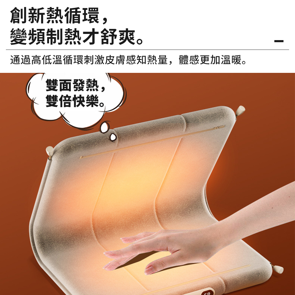 創新熱循環, 變頻制熱才舒爽。 通過高低溫循環刺激皮膚感知熱量,體感更加溫暖。 雙面發熱 雙倍快樂。 